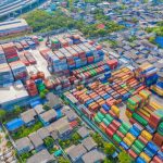 Shipping container site loading in logistic port warehouse storage business import and export goods